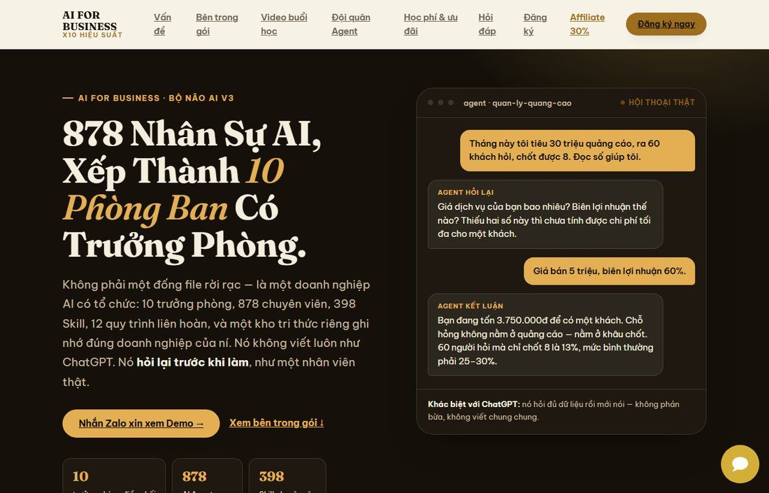 Trang 10x.levancuong.com, ảnh chụp màn hình trang thật. Bộ Não AI V3 là hệ thống Cương dùng để vận hành chính công việc của mình, trước khi đóng gói chuyển giao lại.