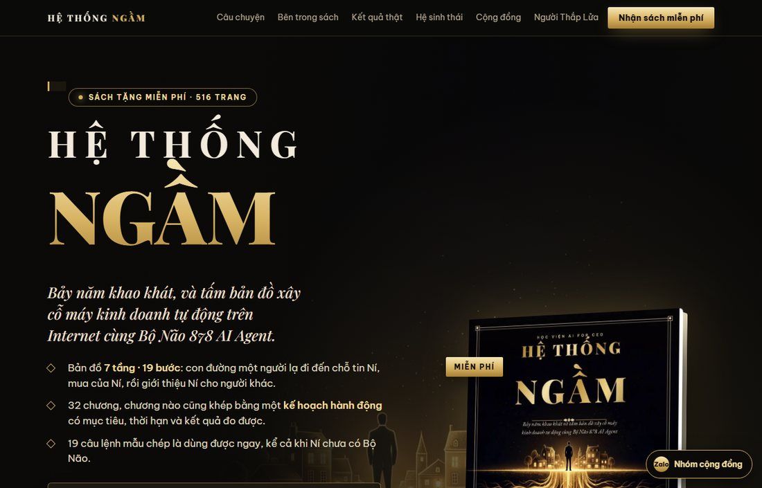 Trang hethongngam.levancuong.com, ảnh chụp màn hình trang thật. Cuốn Hệ Thống Ngầm là bản đồ 7 tầng, 19 bước, Cương tặng miễn phí.